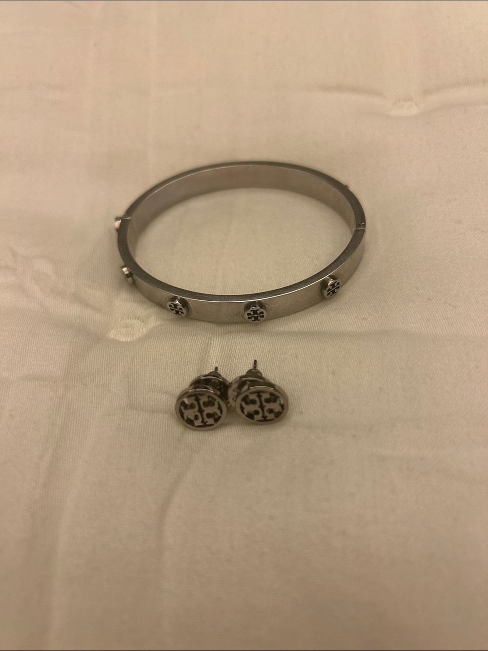 Tory Burch Silver-Tone Logo Accent Bangle and Stud Earrings Set